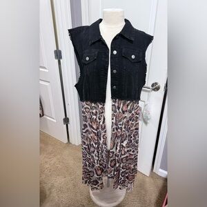 Black Denim Vest with Leopard Print Dress 2X